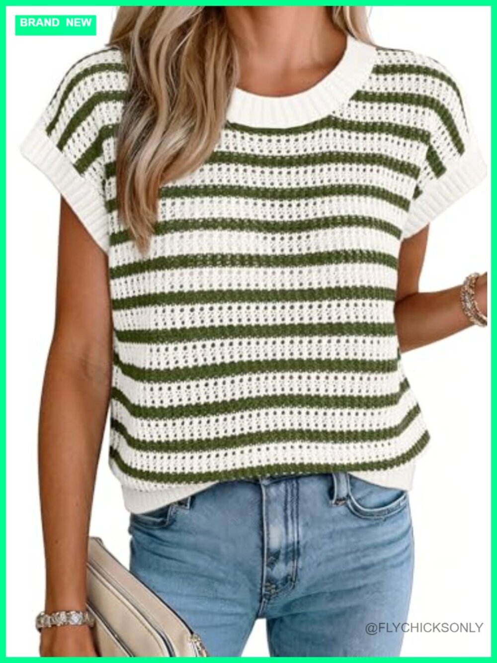Cap Sleeve Striped Sweater Vest Round Neck Tank Top Knit Layering